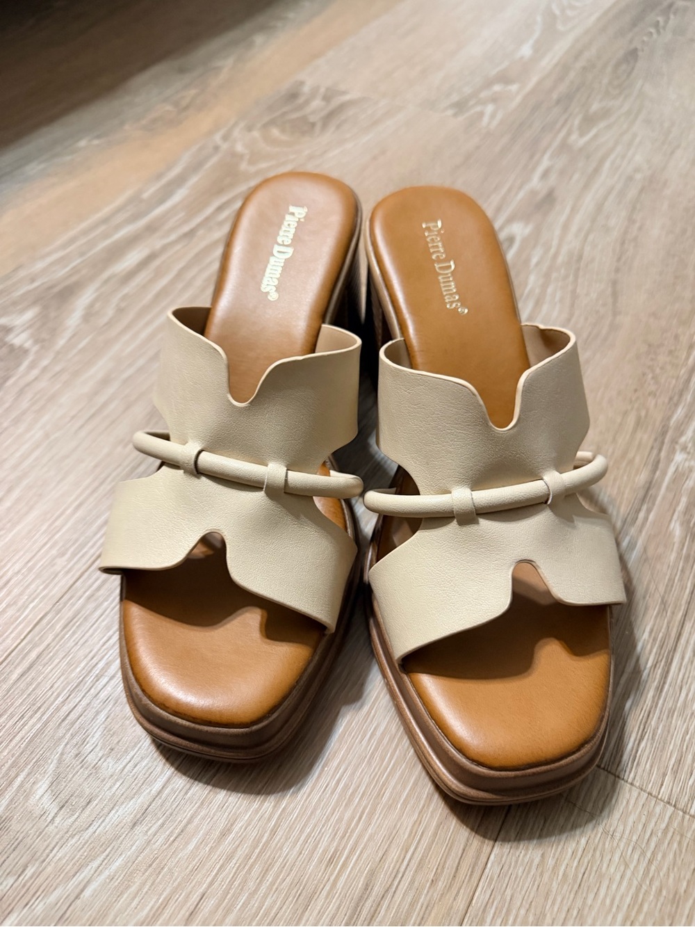 Pierre Dumas Beige Open-Toe Wedge Mules